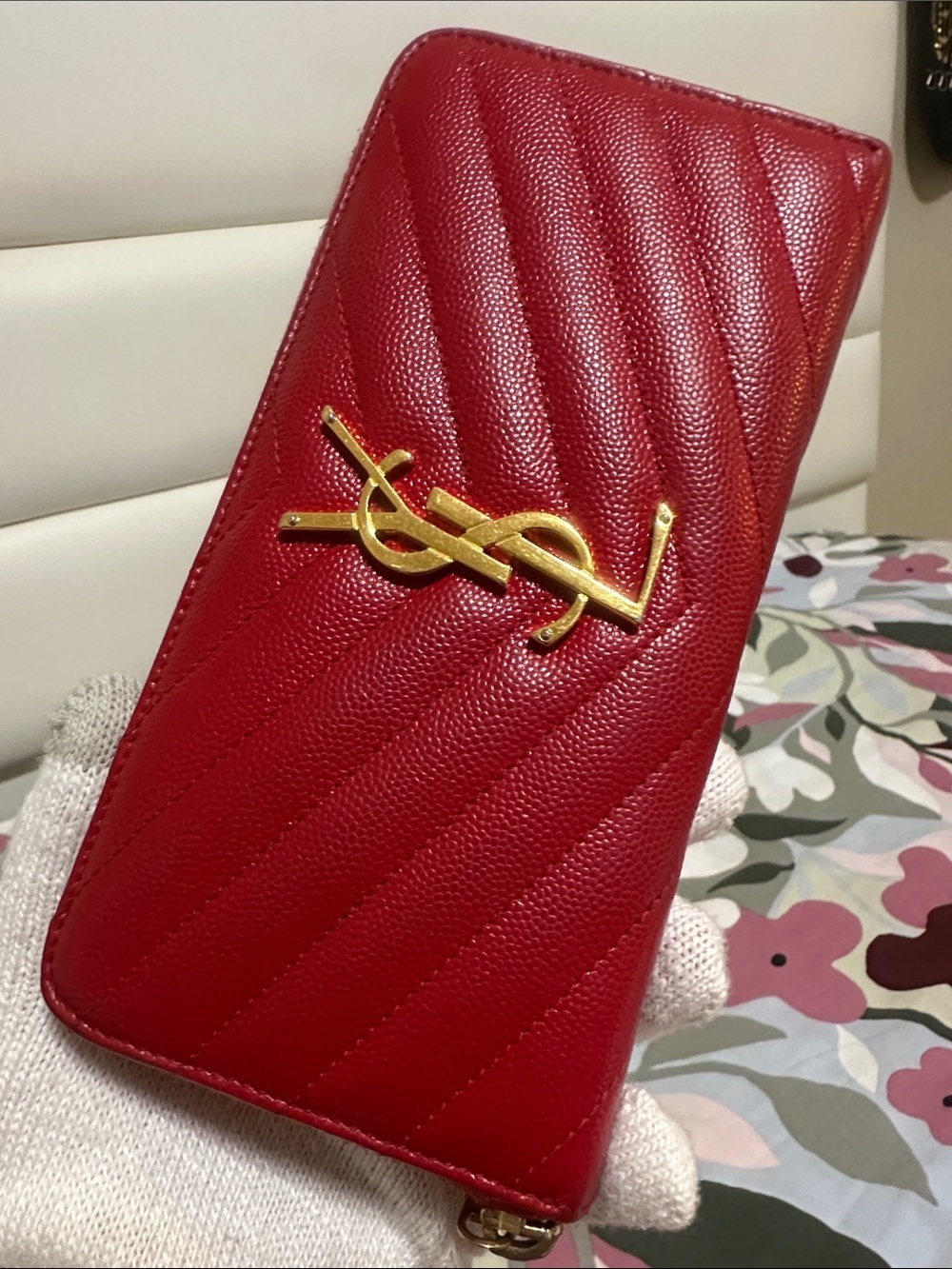 Yves Saint Laurent Red Quilted Zip-Around Wallet with Gold YSL Emblem - Picture 7 of 13
